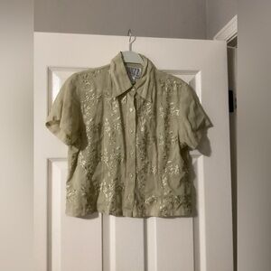 Vintage 90s Quizz New York Embroided Olive Button Down Cropped Shirt
